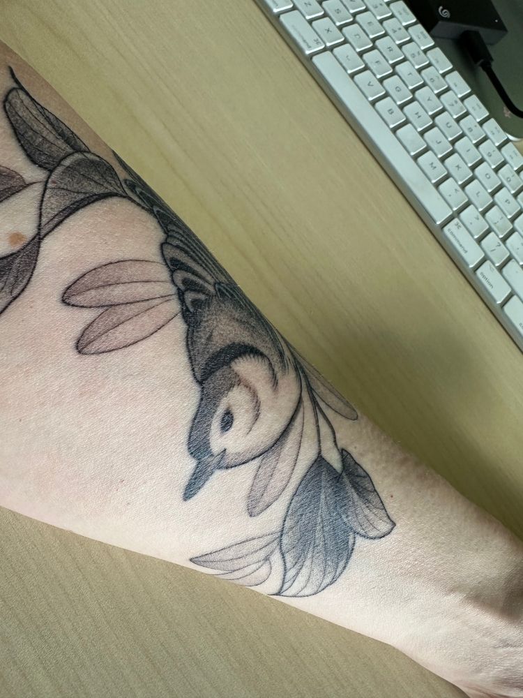 Forearm of a white person with a tattoo of a white-breasted nuthatch. This angle shows the face and beak