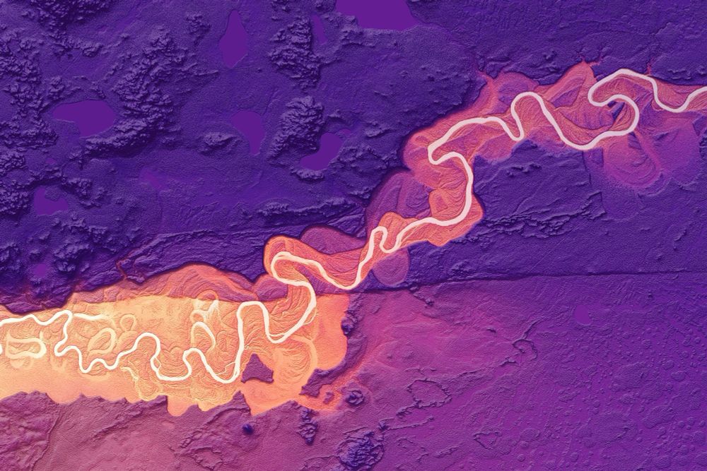 Lidar-derived color elevation image of the Castle Mountain Fault scarp cutting across the Little Sustina River.