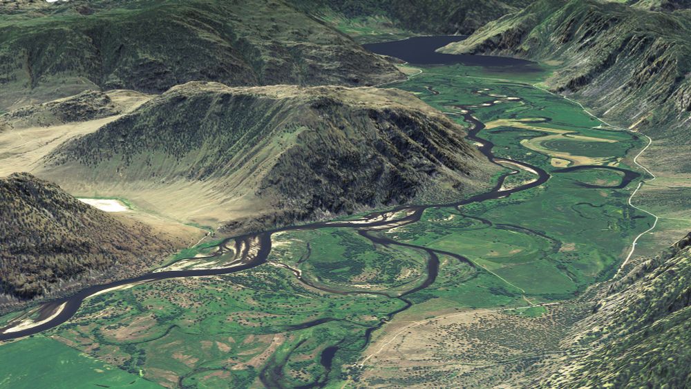 Perspective-view, NAIP aerial imagery of the Similkameen River with shaded relief.