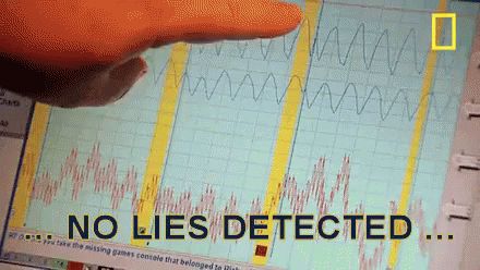A monitor showing multiple lines of output with the caption ". . . no lies detected"