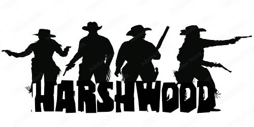 A graphic for a TTRPG scenario called Harshwood, which has silhouettes of Western-genre heroes over the title.