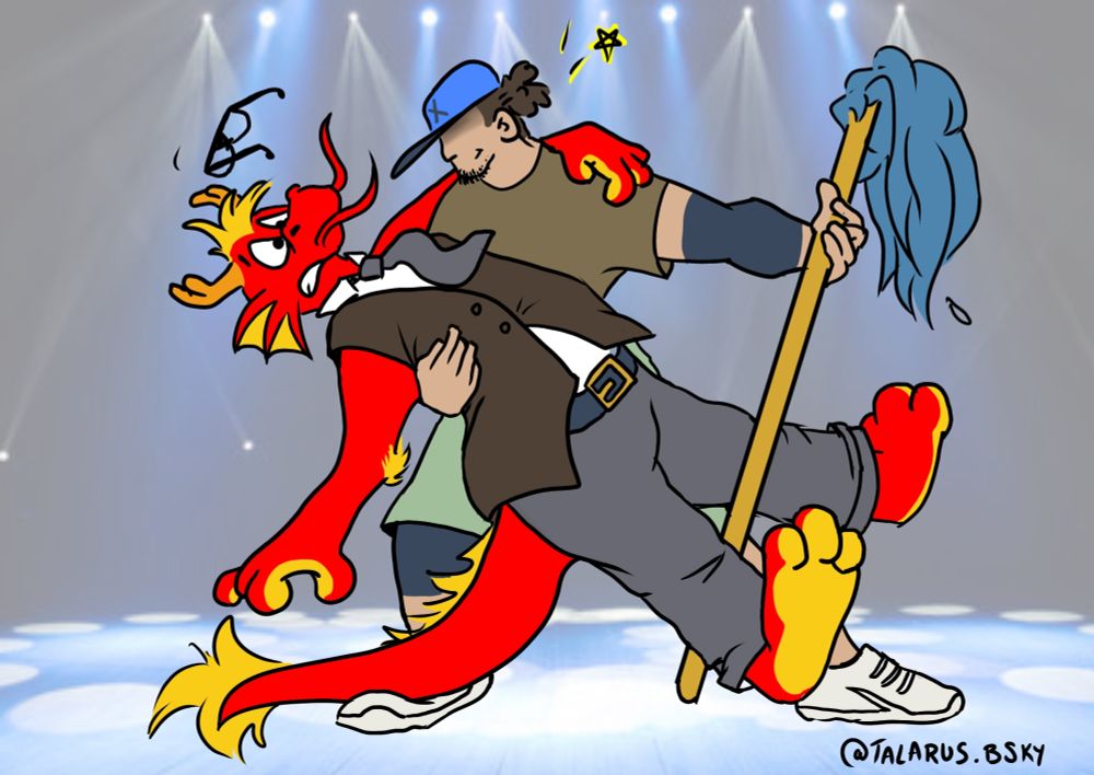 Ronnie is being dipped romantically by a mystery stagehand, in a recreation of the tender  Anthrocon 2025 Dance Competition moment.