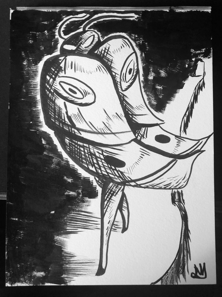 An ink painting depicting the cryptid known as Mothman walking down a fashion show runway. His fat ass is slaying and serving proboscis. The painting was done on a watercolor sheet of paper and was made with ink markers, a watercolor paint brush, and speedball ink. 