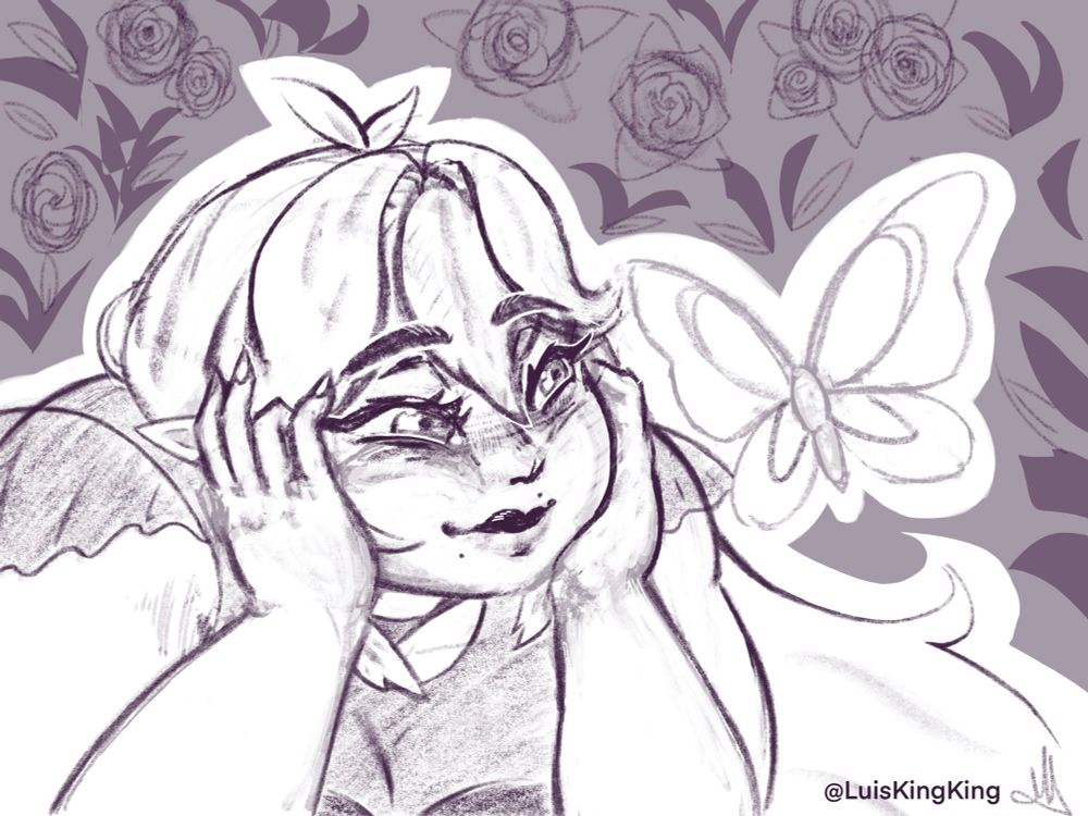 A sketch depicting a woman, vtuber PlumpyBB, admiring a butterfly while in front of rose bushes. 