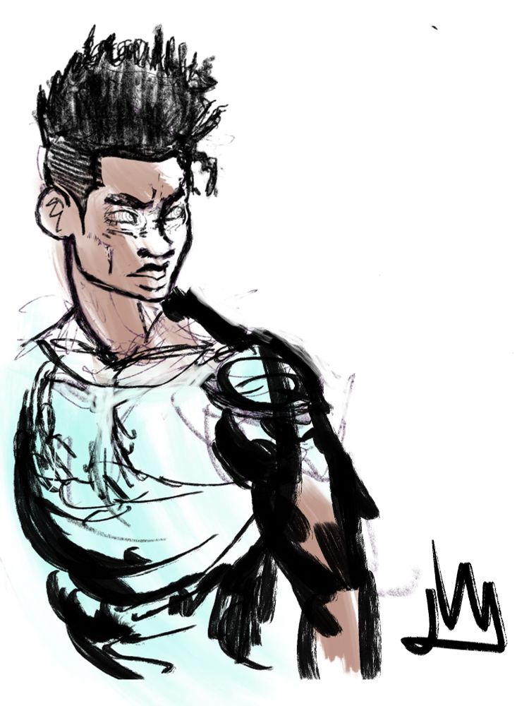 Painting sketch of an oc of mine. The painting depicts a black man with freeform locs and a fade looking to his left with a wary stare. The digital art was painted in procreate using watercolor, gouache, ink, and pencil brushes. I love experimenting with line art and changing line emphasis. I love how I can use thick lines and detailed lines to change the focus of the art piece.