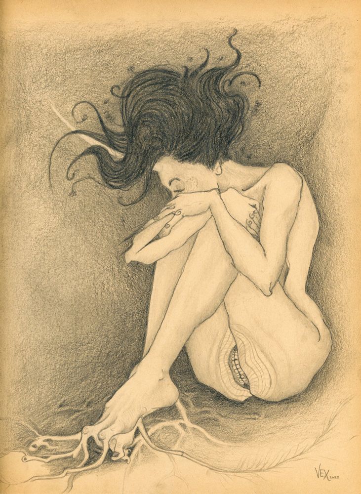 Pencil sketch on aged yellow paper of female figure sat holding knees to chest with face half hidden behind the knees. The toes of the feet are morphing into roots or branches and spreading across the bottom of the page. There is the suggestion of a unicorn-like horn protruding from the forehead