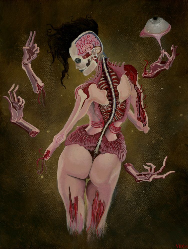Acrylic painting of a female figure against a sepia background, her back facing the viewer and face turned back in profile. Her head has the suggestion of a cross-section showing the brain anatomy with a mohawk haircut and the front of the face has the outline of the skull superimposed. Her neck and torso are painted to suggest peeling open like a flower to reveal non-anatomically correct internal anatomy. Her right arm is tucked out of view and the other rests at her side and is missing the hand. There are 4 hands floating around her making various gestures, the top right one is pulling down the bottom lid of a floating rolled-back eyeball. The hands are simultaneously pieces of raw meat.