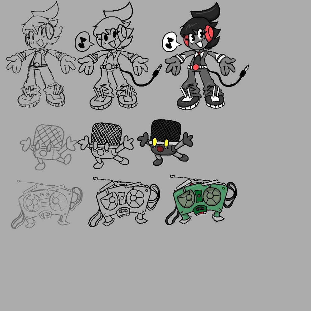 3 robot characters, a music idol, a microphone, and a boom box 