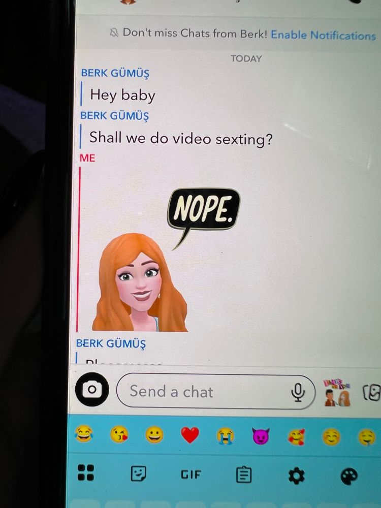 Snapchat screen shot of me turning down a guy wanting free sexting. 
