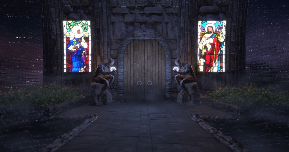 A 3D render of a nighttime stone walkway leading up to a large wooden castle door. The door is flanked by two humanoid statues holding glowing white orbs, and small garden beds grow to the sides.