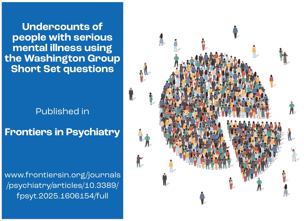 Graphic - Pie chart made out of cartoon people standing, with a slice separated from the rest

Undercounts of people with serious mental illness using the Washington Group Short Set questions

Published in 

Frontiers in Psychiatry

www.frontiersin.org/journals/psychiatry/articles/10.3389/fpsyt.2025.1606154/full