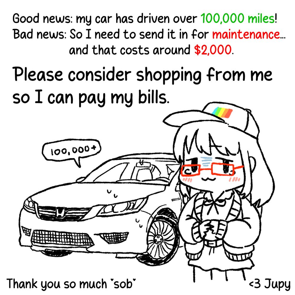 A doodle of Jupy standing in front of her car. Her car is a bit exasperated.