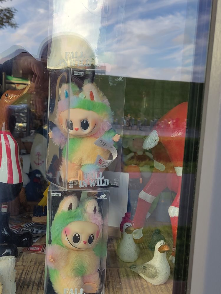zwei bunte Labubu Figuren in einem Schaufenster 