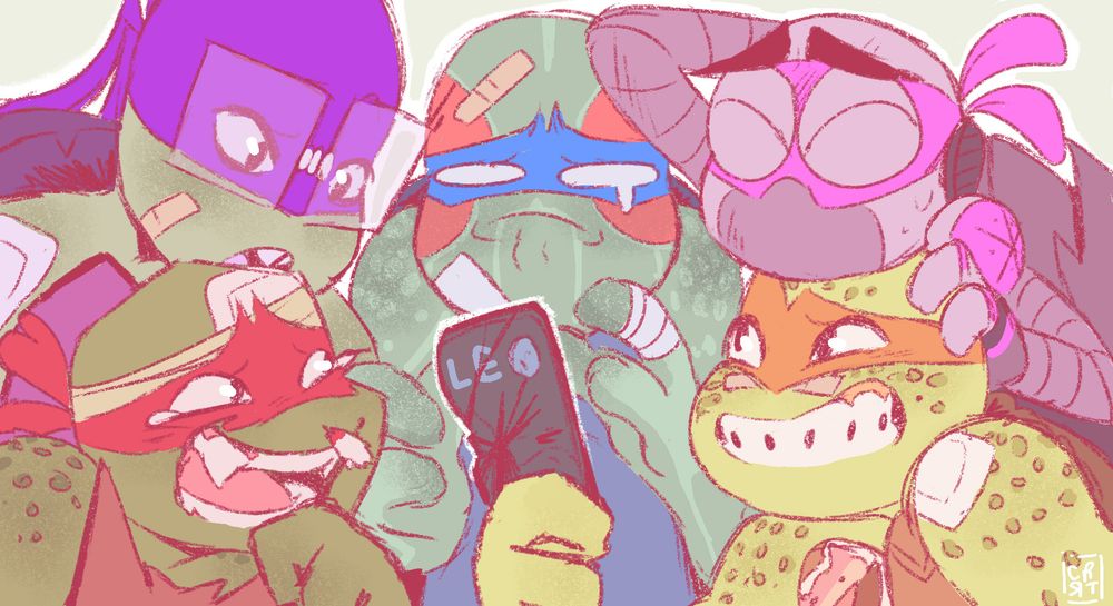A close up of Donnie, Raph, Leo, Meets and Mikey looking at Leo's broken phone in the center. They're all in different state of hurt, with bandages all over. While Mikey and Raph are laughing at Leo for the loss of his phone, Meets looks guilty and Donnie is already thinking on how to fix it. Leo is just sad.