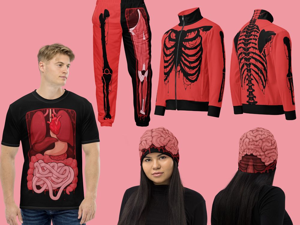 A group of red clothes showing different part of the inside of the body, like bones and organs. The colors are red and black. 