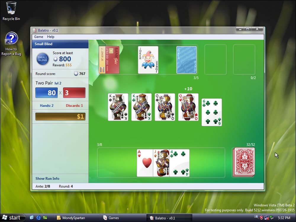 Mock screenshot, showing the 2024 roguelite card game Balatro reimagined as a game on a Windows Vista beta build.