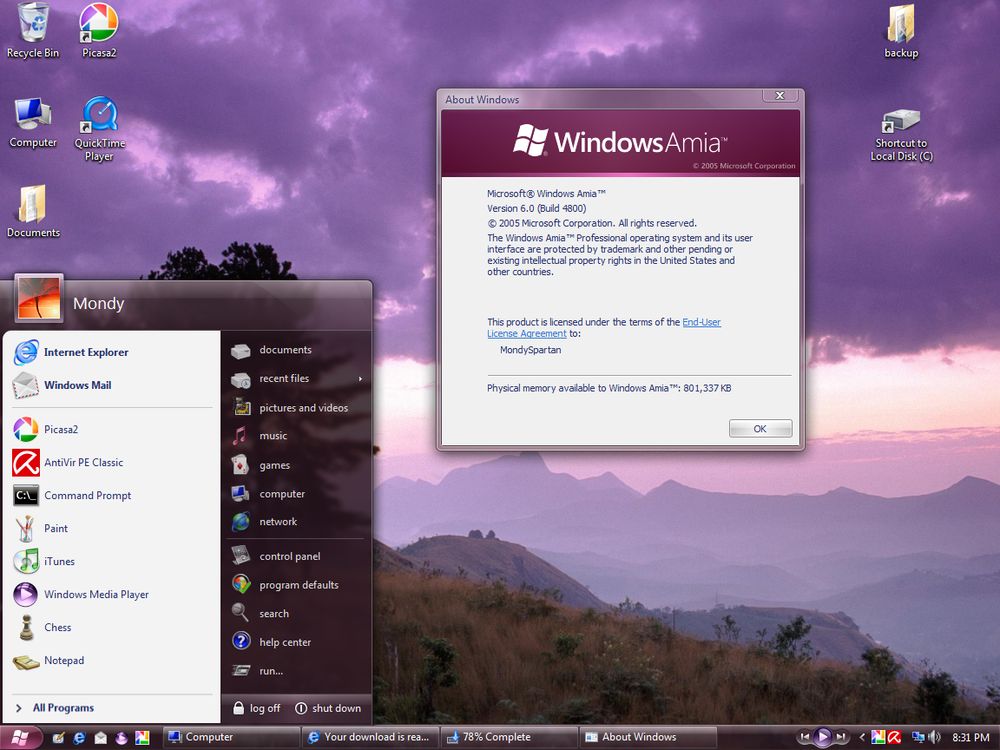 Desktop showing the Start menu and Winver. 