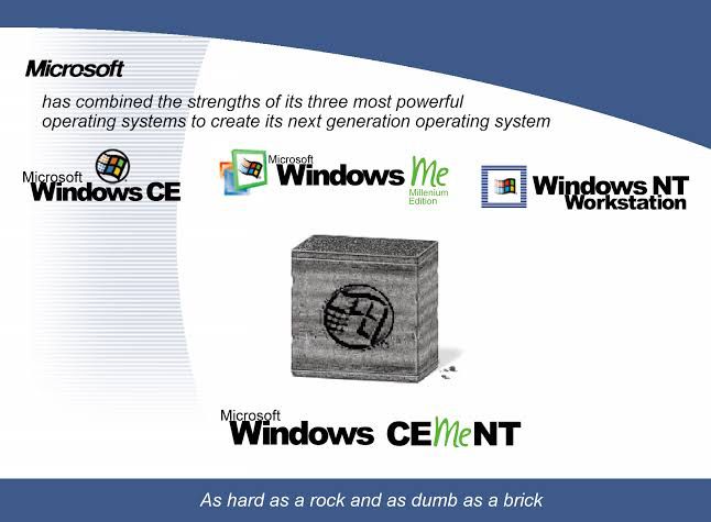 Fake ad, not made by me, of a product combining Windows CE, Me and NT…Windows CEMeNT.