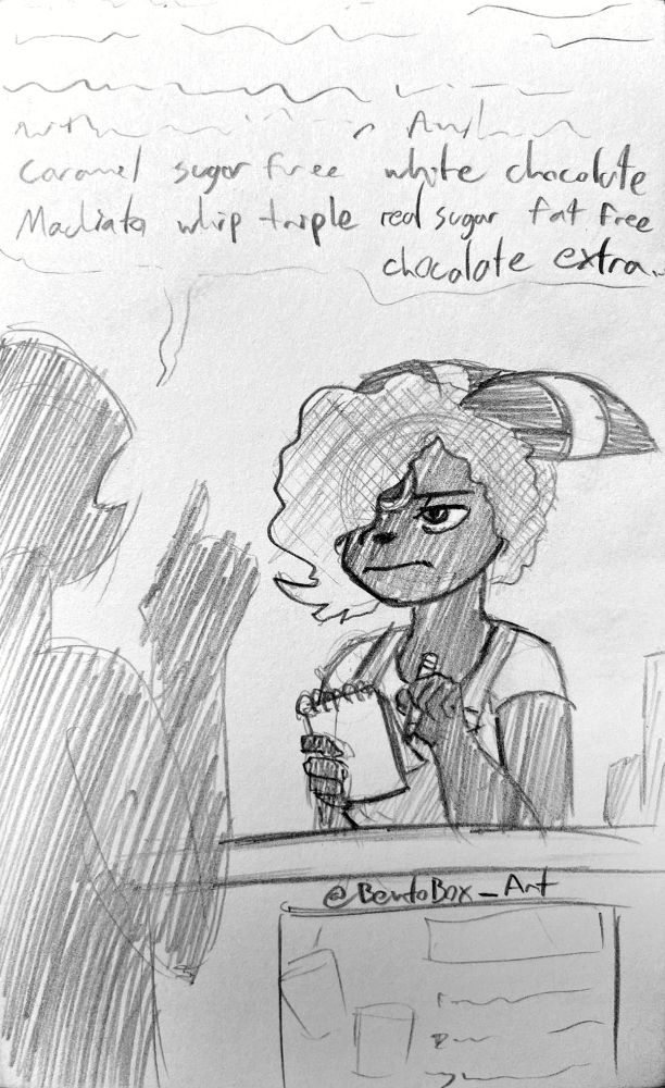 deya, working as a barrista, currently taking a customer's... very complicated order, including "caramel sugar free white chocolate macchiato whip triple real sugar fat free chocolate extra-"