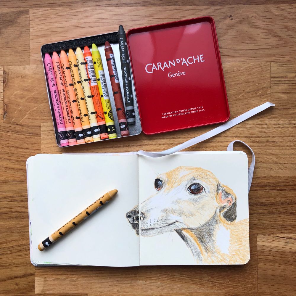 This image features an **open sketchbook** with a **detailed colored pencil drawing of a dog**, alongside a set of **CARAN D'ACHE colored pencils** and their **red metal case** on a **wooden surface**. The main focus is on the **realistic drawing of a dog's head**, showcasing intricate details and shading. The pencils are neatly aligned next to the sketchbook, housed in an elegant red metal case labeled "CARAN D'ACHE Genève." One pencil lies on the open page of the sketchbook, indicating an ongoing drawing process. The wooden background provides a natural and warm setting for the art materials and the drawing. 🐶✏️📖