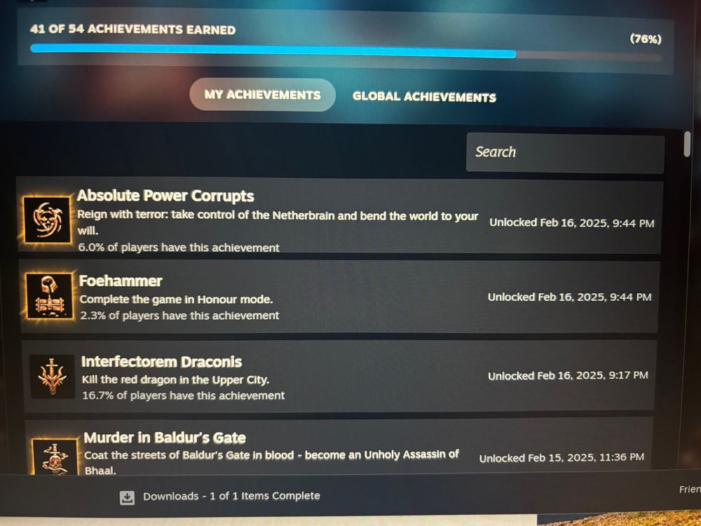 Photo of steam achievements for BG3 with the following achievements: Absolute Power Corrupts, Foehammer, Infectorem Draconis, and Murder in Bladur’s Gate. 