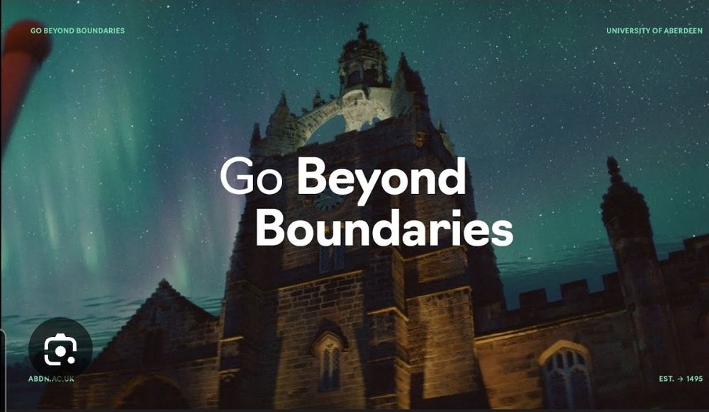 Kings College Aberdeen with cgi aurora and mismatched text saying Go Beyond Boundaries
