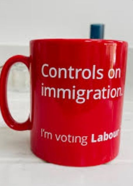 Red coffee mug with "Controls on immigration: I'm voting Labour" from 2015 Labour Party GE campaign
