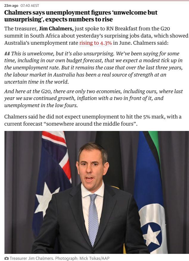 24m ago
07.40 AEST
Chalmers says unemployment figures ‘unwelcome but unsurprising’, expects numbers to rise
The treasurer, Jim Chalmers, just spoke to RN Breakfast from the G20 summit in South Africa about yesterday’s surprising jobs data, which showed Australia’s unemployment rate rising to 4.3% in June. Chalmers said:

This is unwelcome, but it’s also unsurprising. We’ve been saying for some time, including in our own budget forecast, that we expect a modest tick up in the unemployment rate. But it remains the case that over the last three years, the labour market in Australia has been a real source of strength at an uncertain time in the world.

And here at the G20, there are only two economies, including ours, where last year we saw continued growth, inflation with a two in front of it, and unemployment in the low fours.

Chalmers said he did not expect unemployment to hit the 5% mark, with a current forecast “somewhere around the middle fours”.
