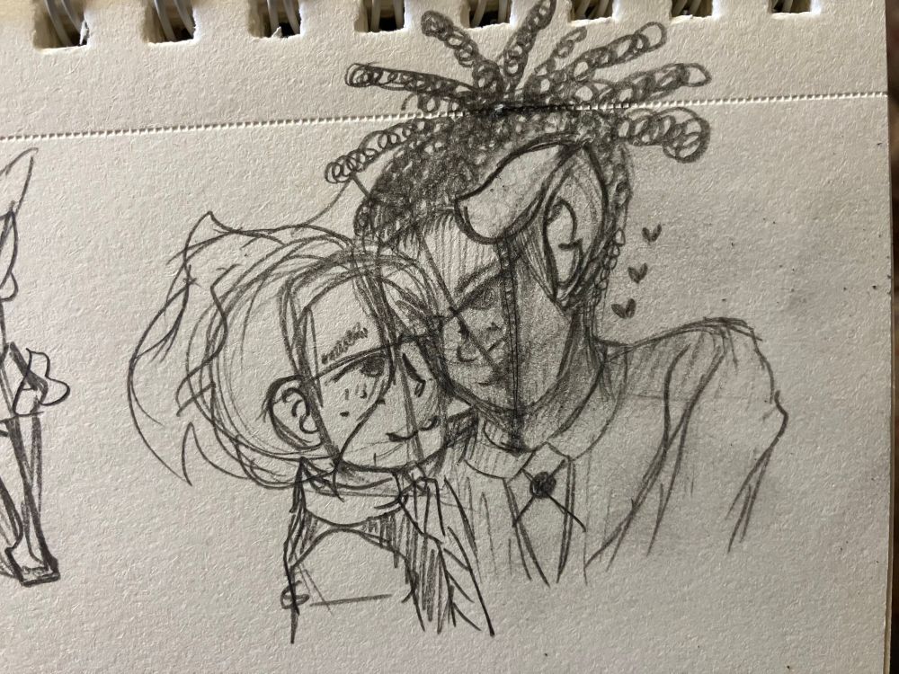 My Ocs Rayne and Wilhelm being a cute couple holding each other. Rayne has much more detail and attention than Wilhelm.