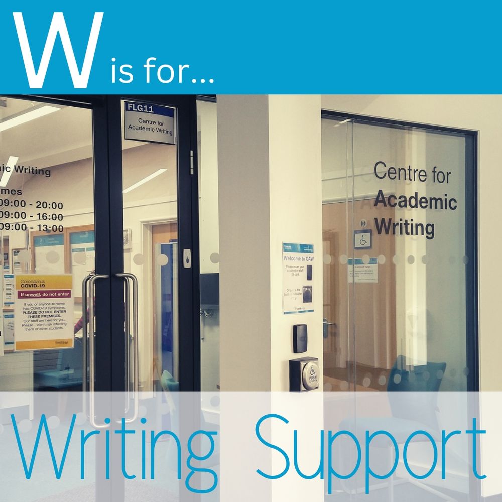 Text reads 'W is for Writing Support' and image shows the entrance to the Centre for Academic Writing.