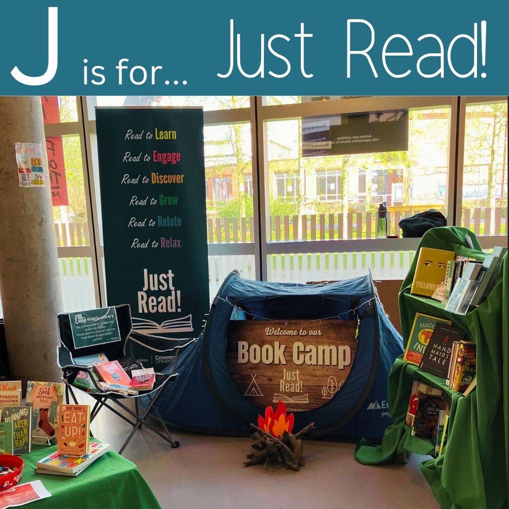 Image shows the Just Read! Book Camp at the HUB and text reads 'J is for Just Read!'