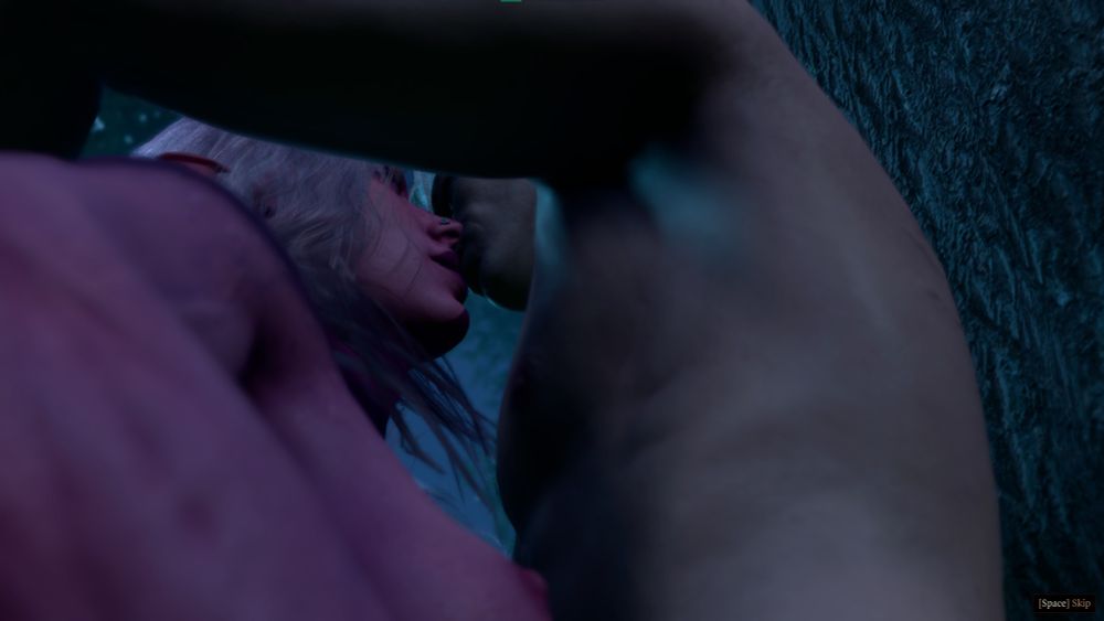 Tahl’aera, the oc Tiefling, lifting Astarion and pinning him against a tree while they kiss. 