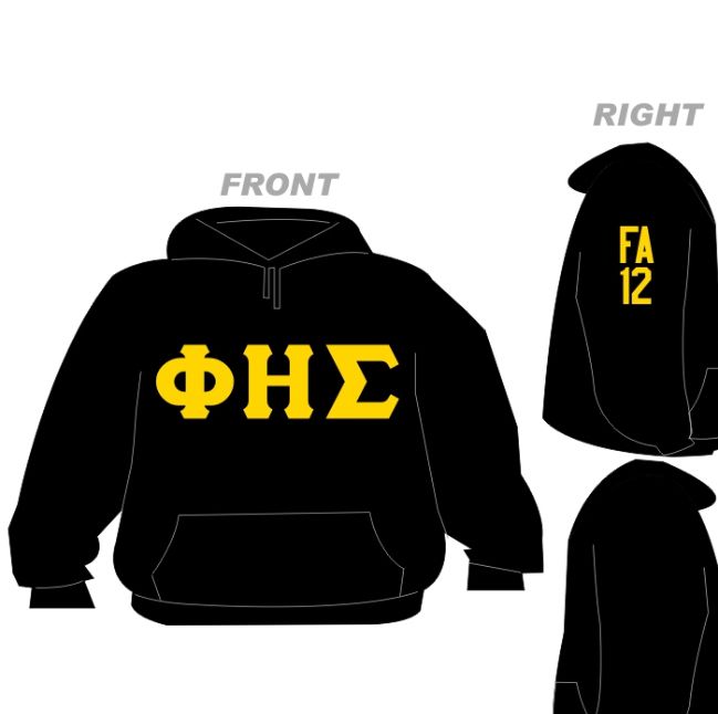 Front and side of ΦΗΣ hoodie with black hoodie and gold letters. Right sleeve says FA 12. Left sleeve hs nothing on it. 