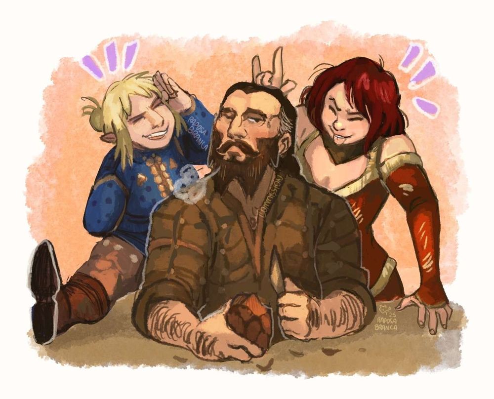 Digital art of Blackwall, Sera, and female human Inky from Dragon Age: Inquisition. Blackwall is by a desk, carving a piece of wood with a knife, sighing tiredly while side-eyeing Inky. Inky and Sera are around him, pestering him, laughing. Inky, white with auburn hair, is wearing Sera's outfit in red and yellow, making a horned hand gesture behind Blackwall's head and pulling her tongue. Sera is laughing, has her leg stretched on the desk, making a salute with her left hand and her other arm behind her back. She's wearing blue and khaki Skyhold outfir (PJs) the Inquisitor can wear, and her hair is in a bun like this Inky's usually is. 