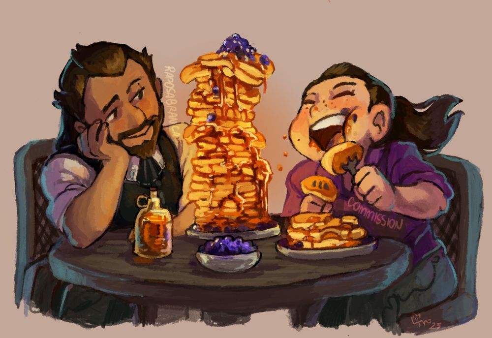 Digital painting of Lucanis and Rook Aloisia de Riva sitting at a table as Aloisia devours a huge stack of pancakes. Lucanis is looking at her endearing, a hand on his cheek, wearing a black outfit. Aloisia is holding two forks with pieces of pancakes and munches with her mouth open, SO happy, with her mouth and cheeks smeared with maple syrup and blueberries. There's a small stack of pancakes right on front of her, as well as a bowl of blueberries and a bottle of maple syrup. A cartoonishly HUGE stack of pancakes dripping with rich and decadent maple syrup and with a pike of blueberries on top are in front of her, and is likely Aloisia's next victim.