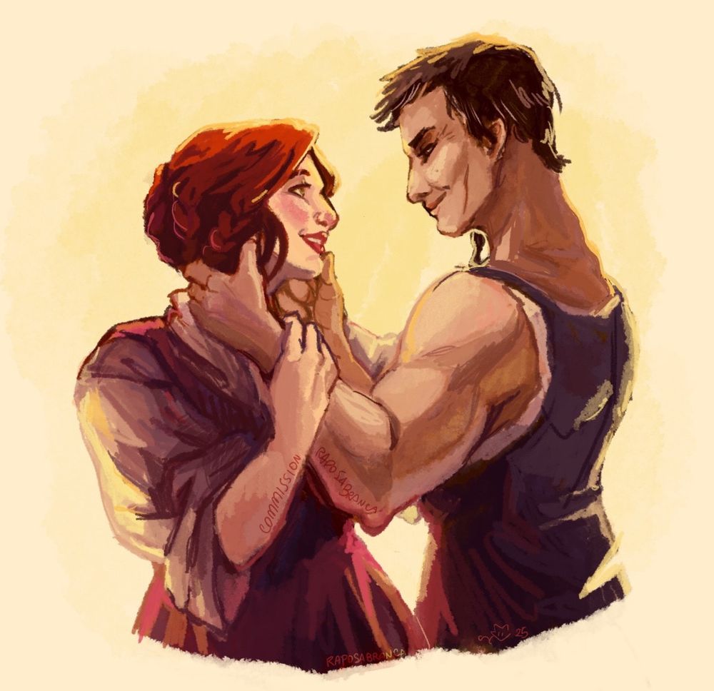 Illustration of Cassandra from Dragon Age, looking older than she appears in the game with some greying haor and crow's feet, smiling down at a younger woman with red hair in a braided bun. Cassandra is cupping the woman's face in her hands, grabbing her chin, snd the woman is blushing and smiling bavk at Cass, holding her wrist. A soft yellow glow comes behing them.