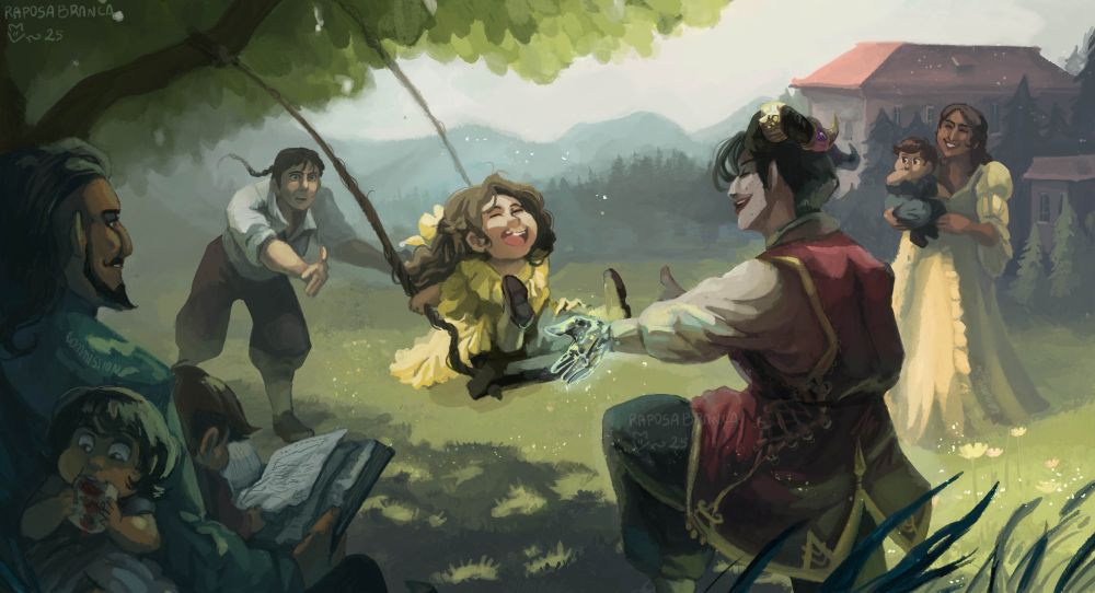 Digital illustration of a family scene in a summer day, in the Montilyet estate, with mountains at the horizon and a beautiful maison further behind the group. Theyre all playing under the canopy of a lush tropical tree. In the center of the art, a little girl wearing a yellow frilly dress and hairbow is laughing and swinging on a swing that's tied to one of the tree's branch A huge qunari woman with a spectral hand, wearing fine red and white clothing and elaborate horn decor, also laughing, has her arms open towards the girl. Cassandra is behind the girl, a bit farther away with her arms stretched out from pushing the swing looking alarmed. In the front, on the left, sitting under the tree shade with a book, Dorian watches the scene and smiles. He has a baby on his lap, who's 