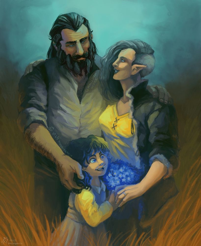 Description by @inkyingreen:

"A stunning (digital) painting of the Rainiers: Thom (formerly known as Blackwall), Mira (formerly Lavellan), and their daughter, Isadora. In a field of tall, golden grass, they stand together: Thom and Mira behind Isadora, with their arms around each other to form the shape of a heart. Thom and Mira look at each other and smile, while Isadora smiles at something out of view. They're all dressed comfortably: Thom wearing dark trousers, a grey shirt (open at the front with the sleeves rolled up), and suspenders, Mira in a yellow shirt with a dark, fur-lined jacket over it, and Isadora in a grey dress with a yellow, long-sleeved shirt beneath it. Isadora is holding a bouquet of forget-me-nots, and Thom's hand is at her shoulder and in her long, dark (and slightly unruly) hair. On Mira's left hand, which is on top of Isadora's, is a thin wedding band.

Since Isadora comes from my fic, which changes and ignores some parts of canon (both avoiding Trespasser as well as pre-dating Veilguard), in this piece, Mira does not have her vallaslin, and she has not lost her left arm to the anchor.

It's such a gorgeous family portrait, I'm honestly losing my mind a bit here."