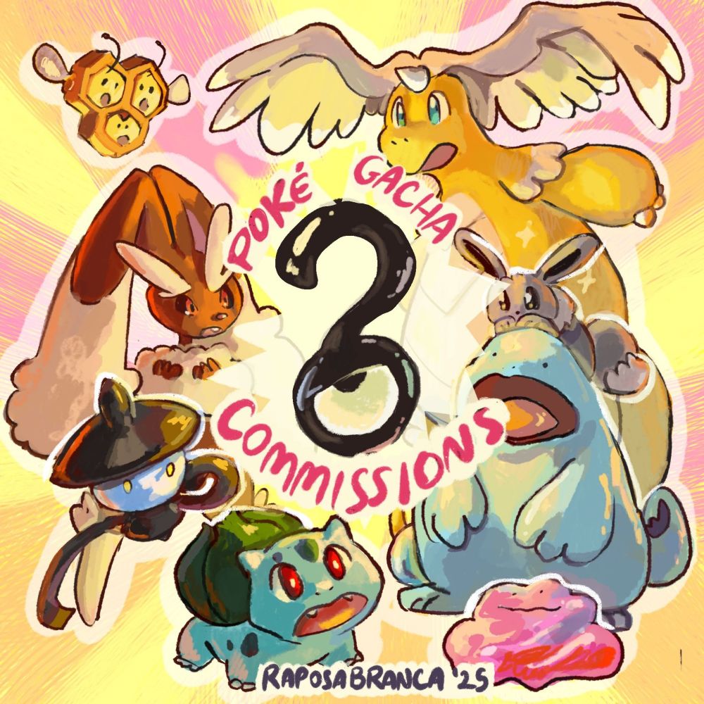 Splash digital art with pokemon and "poké gacha commissions written in pink in the center, around a "?" Unown. Bulbasaur, ditto, quagmire, shiny eevee, mega dragonite, combee, lopunny, and lampent are looking at it in awe. 