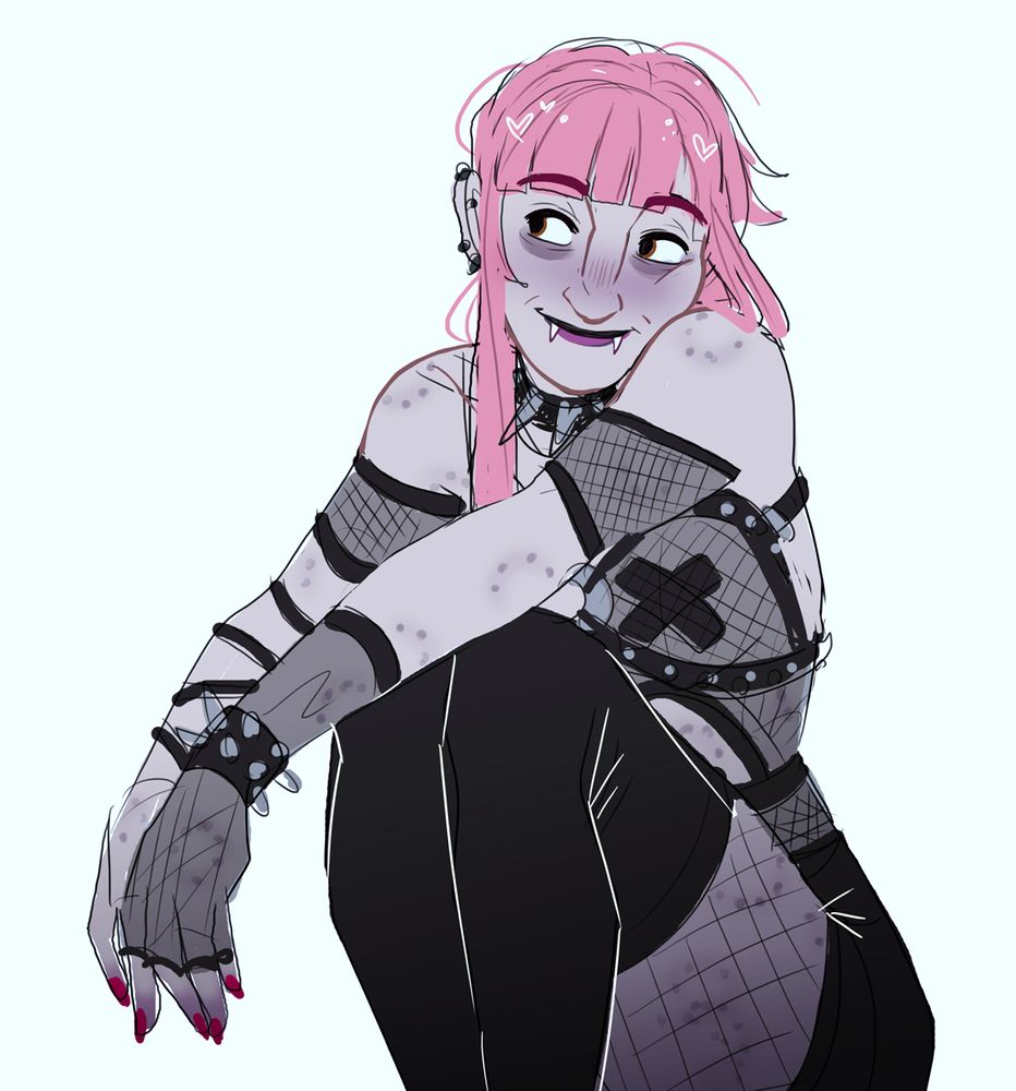 A messy sketch of Olivia sitting with her knees up and arms relaxed over them. Her face is equally relaxed, bite marks visible on her person in between her fishnets and black clothing.