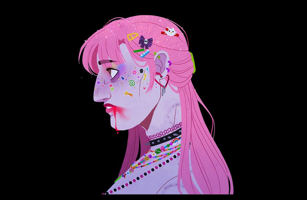 A lineless colored drawing of a character's profile facing left. She has long pink hair with glitter and numerous hair accessories. Her lips are slightly parted with blood smeared in the corner, her eyes looking upward. She is wearing multiple earrings, stickers, face glitter, and kandi/emo necklaces.