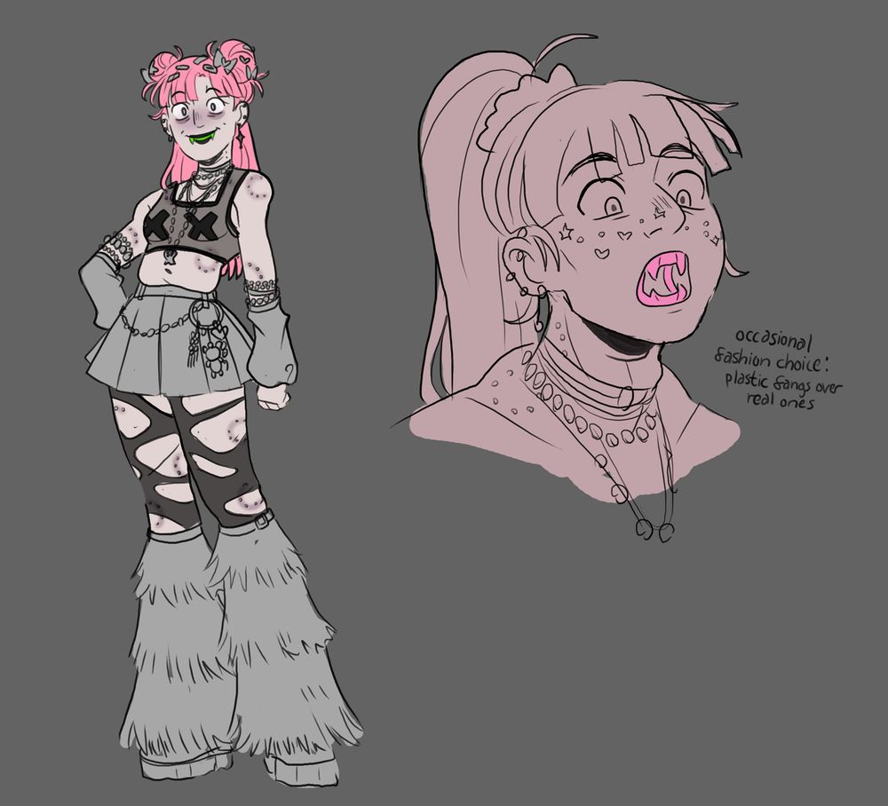 Two sketches of a tall pink haired trans woman. In the first sketch, Olivia is standing in a roughly sketched rave outfit, including fuzzy leg warmers and many accessories. In the second sketch, Olivia's mouth is open and her hair is tied in a ponytail. Both drawings show colorful fake teeth in her mouth. The text reads: "occasional fashion choice: plastic fangs over real ones".