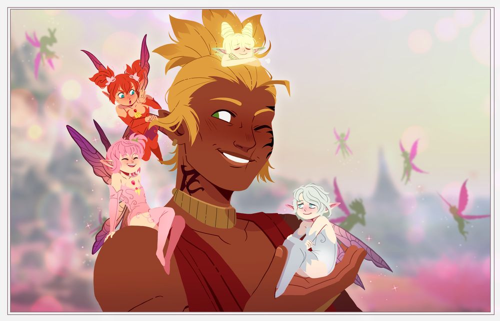 A male character with dark skin and blonde hair tied up in a spiky ponytail is shown at chest-height in the center of the image. He holds An Lad in his raised hand, Tyr Beq on his shoulder, Feo Ul by his ear, and Lily/Eos on his head, all pixies from Final Fantasy 14.

Feo Ul looks to be scolding the blonde character while Tyr Beq laughs, and the larger character smiles with a wink. The background is a blurred and muted screenshot of Il Mheg, with blurred pixies in the distance.