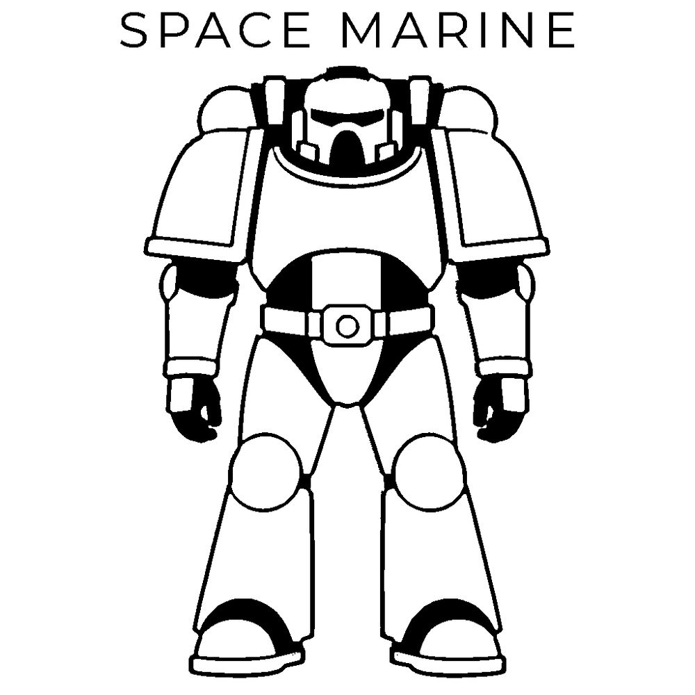 An stencil-like black and white image of a hyper simplified Space Marine befitting the minimalist corporate rebranding of Games Workshop