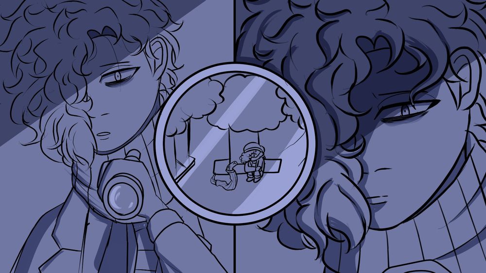 Mini three panel doodle of Kai from OdiousSMP looking sadly throguh a spyglass