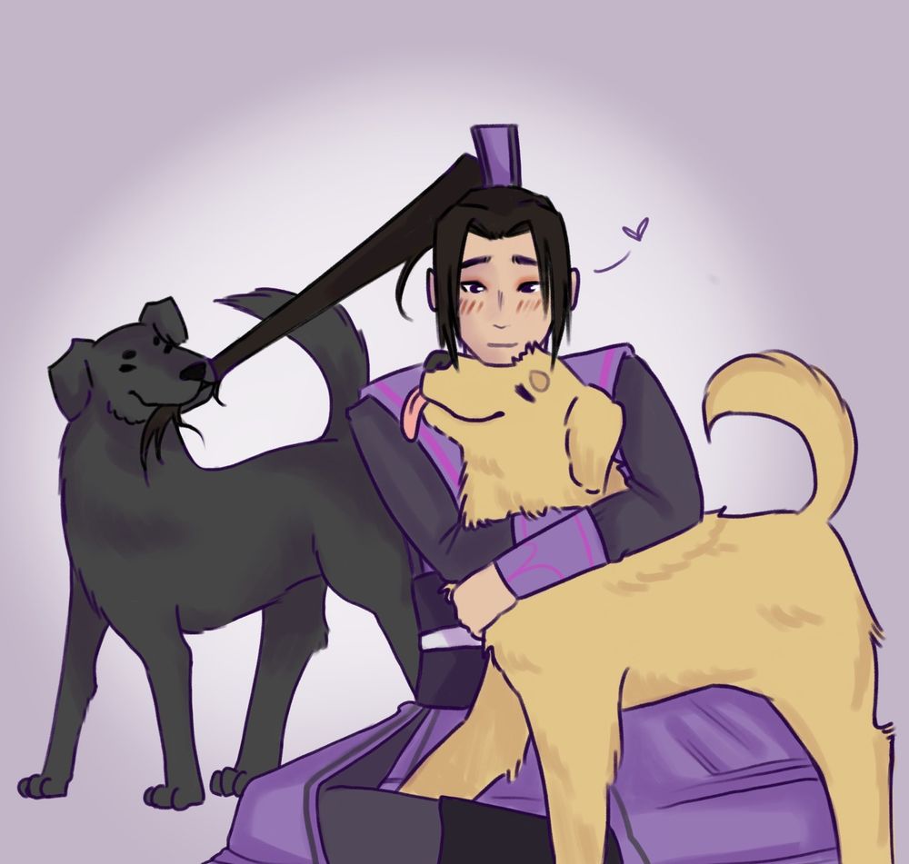 a digital sketch with rough colouring of Jiang Cheng from MDZS. he is sitting cross legged playing with two (idiot) dogs