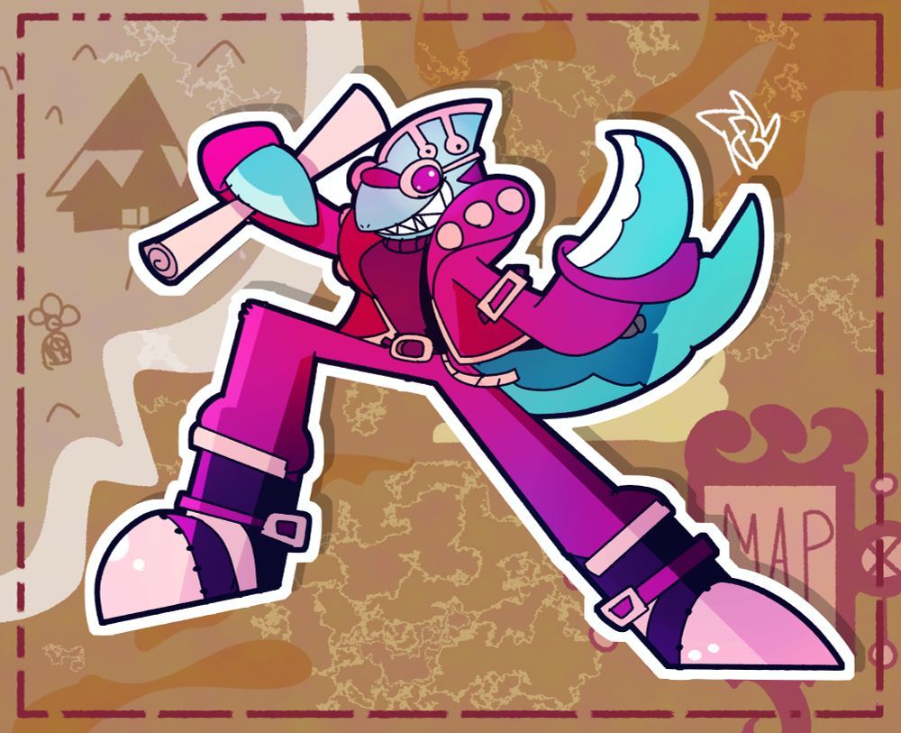 A fan-art of Captain Jawline, a blue shark in a brown coat and with steampunk adornments, holding a map in his hands while standing in front of a sepia map.