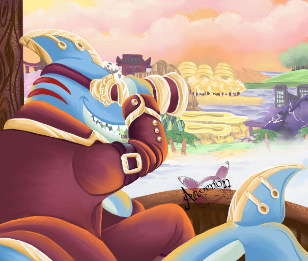 A fan-art of Captain Jawline, a blue shark in a brown coat and with steampunk adornments, looking out a pair of binoculars at the horizon with various different biomes and locations in the distance.