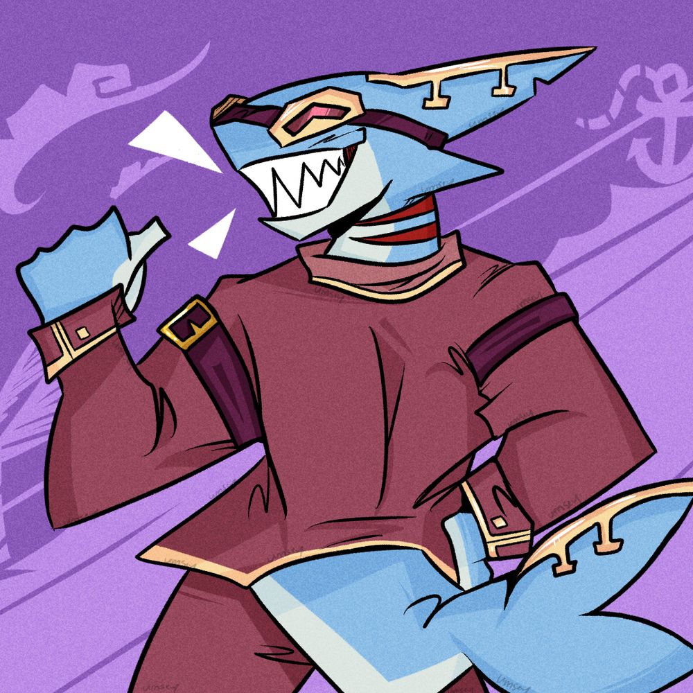 A fan-art of Captain Jawline, a blue shark in a brown coat and with steampunk adornments, in a very stylised sharp art style with a grinning expression on his face.