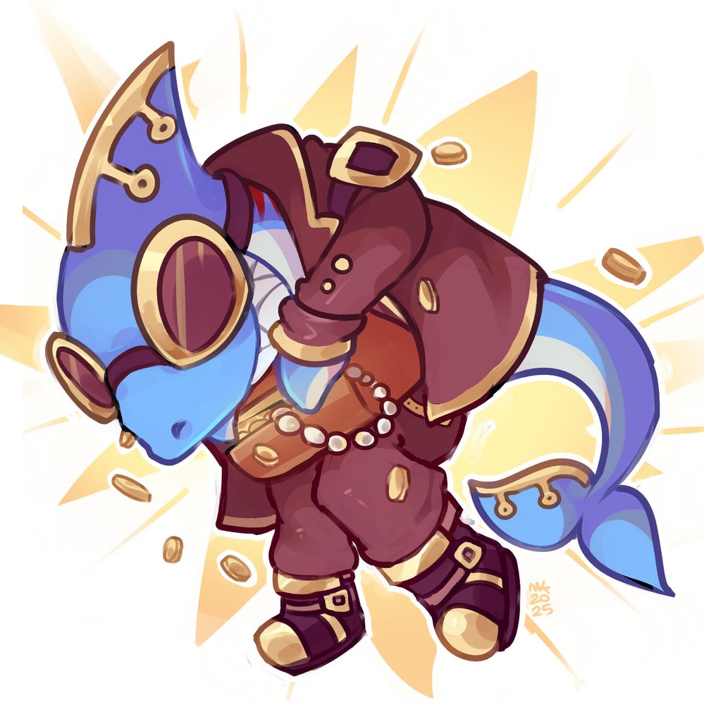 A fan-art of Captain Jawline, a blue shark in a brown coat and with steampunk adornments, looking adorable as he holds a treasure chest and leans forward.
